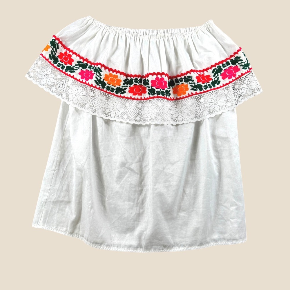 Vintage Peasant Blouse Women L White Floral Embroidered Lace Off Shoulder Top